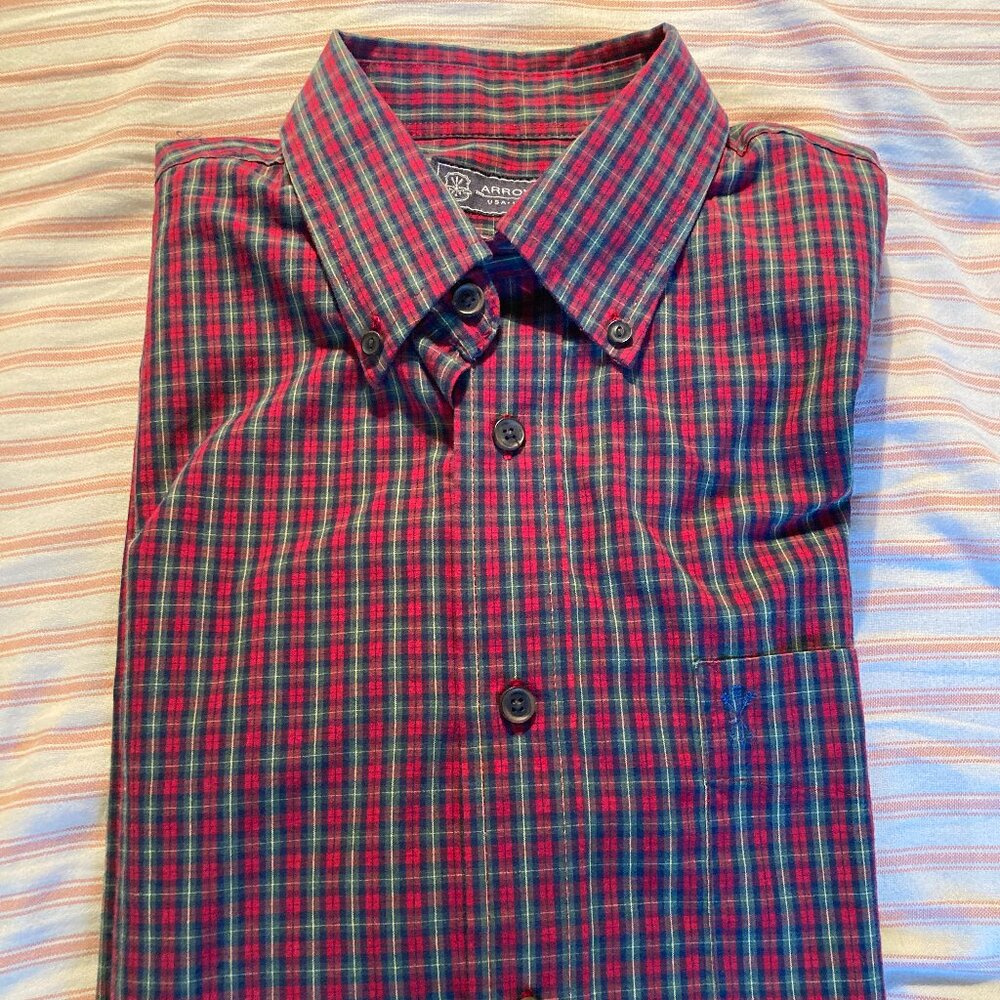 Mens Arrow Casual Classic Red Plaid Pattern Dress Shirt - Medium